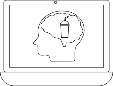 Bir dizüstü bilgisayar ekranında bir beyin silueti ve içinde bir içki bulunur, zihinsel canlandırmayı, odaklanmayı ya da zihni besleme konseptini temsil eder..