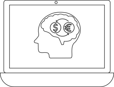Bir dizüstü bilgisayar ekranında dolar ve avro sembollü, mali düşünce ve para değişimi kavramlarını temsil eden bir beyin gösteriliyor.