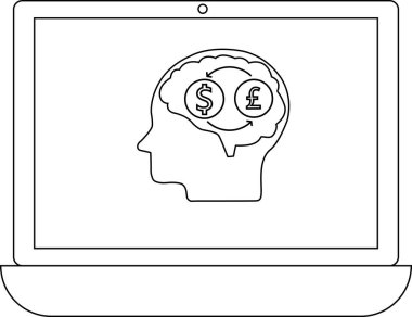 Bir dizüstü bilgisayar ekranında, içinde bir dolar ve pound sembolü bulunan bir kafa, dairesel bir okla bağlanmış, finansal düşünceyi sembolize eden,.