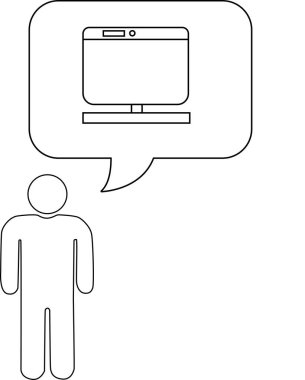 Bilgisayar ekranı içeren, teknolojiyi ya da dijital düşünceleri sembolize eden düşünce balonlu bir kişinin basit bir çizgi çizimi.