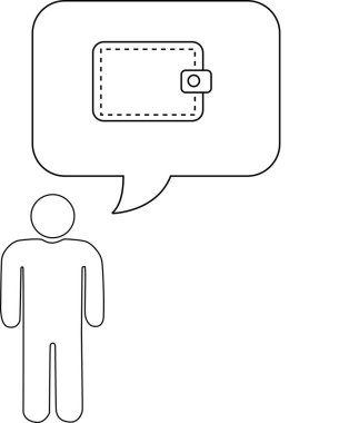 İçinde cüzdan olan bir düşünce baloncuğu olan bir kişinin basit bir çizimi, mali planlama veya para hakkındaki endişeleri temsil ediyor..