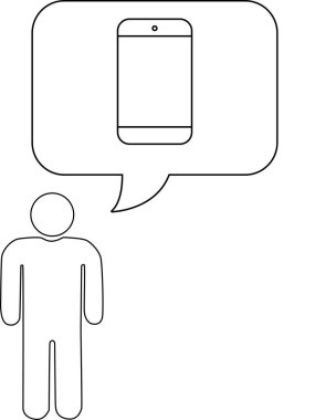 Akıllı telefon içeren bir konuşma baloncuğu olan birinin basit bir çizimi düşünceleri ya da iletişimi öneriyor..