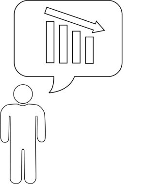 Bir kişi azalan bir grafiği, bir iş krizini veya olumsuz eğilimi temsil eden bir grafiği düşünüyor. Resim basit bir siyah beyaz çizgi çizimidir..