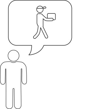 Bir kişi bir kuryenin bir paket taşıdığını hayal ederek bir teslimat servisini düşünüyor. Resim basit bir çizgi çizimi..