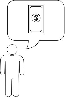Bir dolarlık banknot içeren ve para hakkındaki düşünceleri temsil eden bir düşünce baloncuğu olan birinin basit bir çizimi..