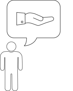 Açık bir el içeren düşünce baloncuğu olan bir kişinin basit bir çizimi yardım ya da yardım önermeyi sembolize ediyor..