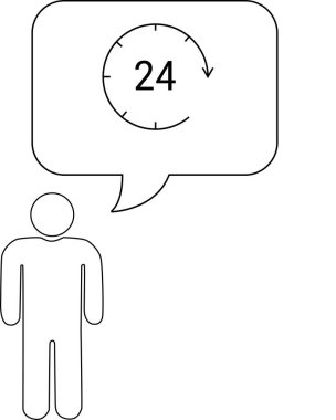 İçinde 24 saatlik bir saat sembolü bulunan konuşma baloncuğu olan bir kişinin basit bir çizimi sürekli ulaşılabilirliği temsil ediyor..