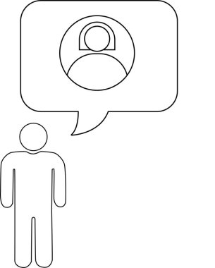 Bir kullanıcı simgesi içeren düşünce baloncuğu olan bir kişinin basit bir çizgi çizimi, iletişim ya da düşünce önerisi.