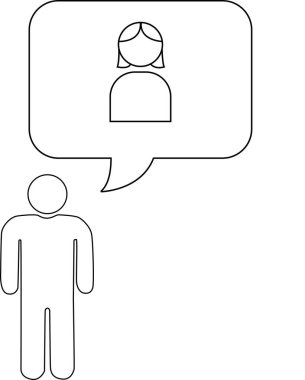 Bir çöp adam konuşma balonunda bir kadını düşünüyor, basit bir çizim çizimi..