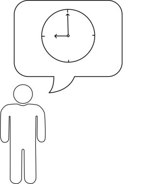 Bir çöp adam, bir saat üzerinde bir düşünce balonunda gösterilen zamanı düşünür..