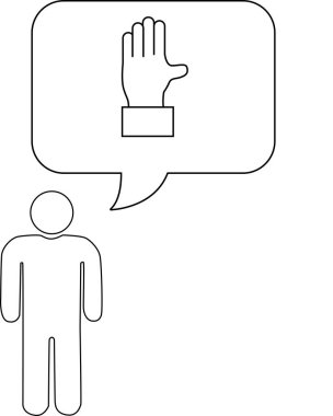 Bir el içeren konuşma baloncuğu olan basit bir çöp adam, iletişimi veya ifadeyi sembolize eder.