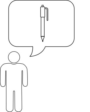 Beyaz üzerine izole edilmiş, içinde kalem bulunan bir konuşma baloncuğu olan basit bir çizim..