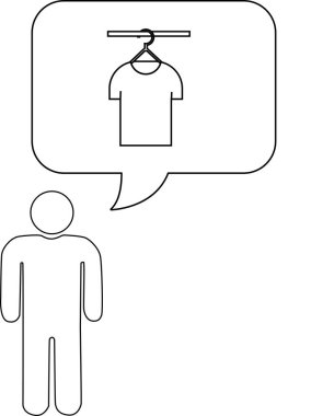 Üzerinde bir askıda asılı tişört bulunan düşünce baloncuğu olan, beyaz bir insanın basit bir çizimi..