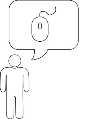 Bilgisayar faresi içeren bir konuşma baloncuğu olan, teknolojiyle ilgili düşünce ve fikirleri temsil eden basit bir çizim..