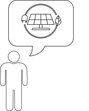 Bir insan konuşma balonunda güneş enerjisi ve yenilenebilir kaynaklar hakkında düşünüyor..