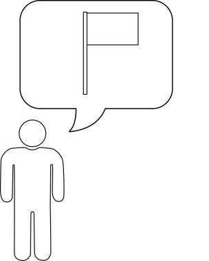 Üzerinde bayrak bulunan bir düşünce baloncuğu olan basit bir çizgi figürü. Görüntü siyah beyaz..