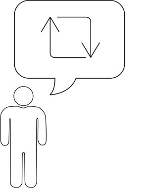 Çubuk figürü, döngüsel veya senkronizasyon sürecini gösteren oklu bir kare içeren bir düşünce kabarcığı ile betimlenir.