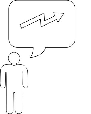 Büyümeyi veya ilerlemeyi sembolize eden yükselen bir ok içeren konuşma baloncuğu olan basit bir çubuk figürü.