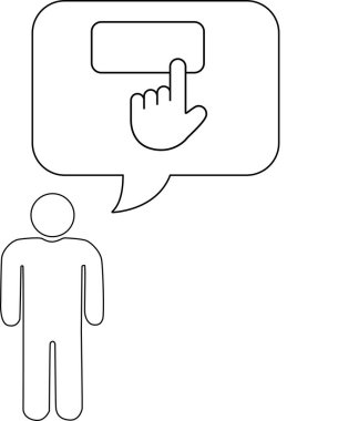 Düşünce baloncuğu olan bir kişinin basit bir çizgi çizimi bir tuşa basarak karar vermeyi ya da eylemi sembolize eder..