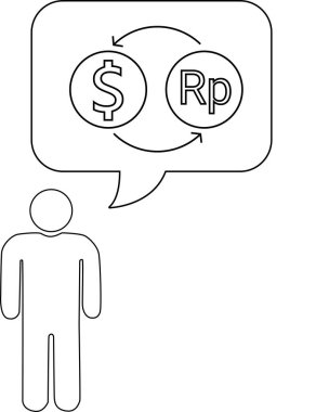 Amerikan doları ile Endonezya rupiası arasındaki döviz alışverişini düşünen bir kişi konuşma balonunda sembollerle temsil edilir..
