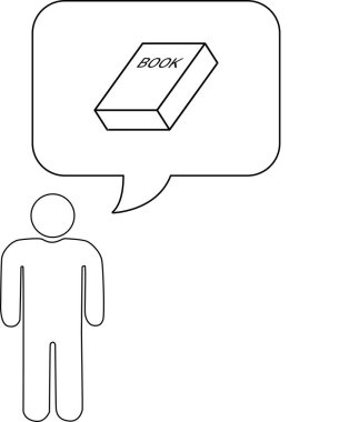 İçinde düşünceleri ya da fikirleri sembolize eden bir kitap bulunan konuşma baloncuğu olan birinin basit bir çizimi..