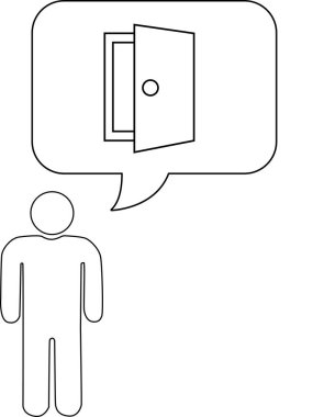 İçinde açık bir kapı bulunan konuşma baloncuğu olan bir kişinin çizimi fırsat ya da çıkış düşüncelerini akla getiriyor..