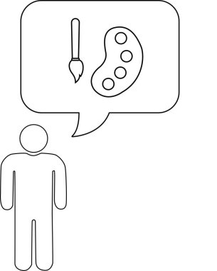 Bir insan konuşma balonunda bir fırça ve palet simgesi ile temsil edilen sanat hakkında düşünüyor..