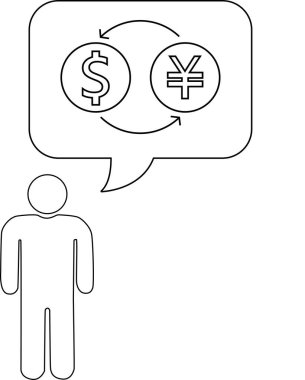 Dolar ve yen arasında para değişimi gösteren bir düşünce baloncuğu olan bir kişinin basit bir çizgi çizimi.