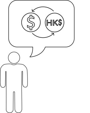 Bir insan Hong Kong doları ile Amerikan dolarını takas etmeyi düşünüyor. HKD, bir konuşma balonunda resmedildiği gibi..