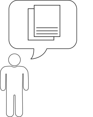 Evrakları veya bilgileri düşünmeyi temsil eden belgeler içeren düşünce baloncuğu olan bir kişinin basit bir çizimi..