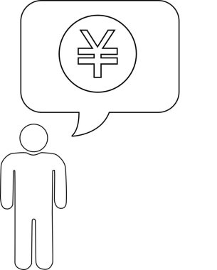 İçinde Japon Yen para sembolü bulunan bir konuşma balonuyla para hakkındaki düşünceleri temsil eden basit bir çizim..