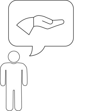 Açık el içeren düşünce baloncuğu olan bir kişinin basit bir çizgi çizimi, yardım önermeyi ya da yardım almayı simgeliyor..