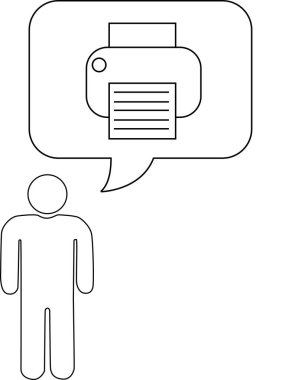 Yazıcı içeren, yazıcıyı veya belge yönetimini sembolize eden düşünce baloncuğu olan bir kişinin basit bir çizgi çizimi.