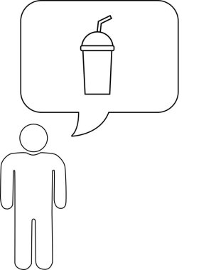 İçinde pipetle içki bulunan bir konuşma baloncuğu olan bir kişinin basit bir çizimi, bir arzu veya düşünceyi akla getiriyor..