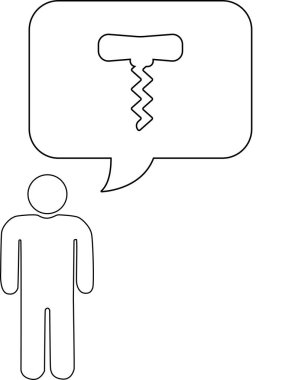 Basit bir çöp adam şarap şişelerini açmak için kullanılan tirbuşonu düşünüyor. Görüntü siyah beyaz..