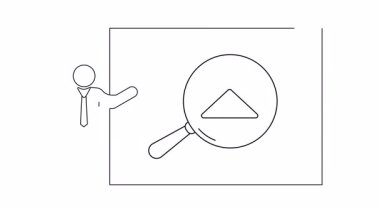 Moda endüstrisi analizini ekranda büyüteçle tartışan bir sunucunun çizgi çizimi.