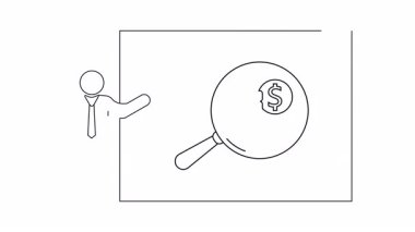 Büyüteç altında parası olan bir sunucuyu gösteren, finansal analizi ve sunumu sembolize eden bir çizgi çizimi..