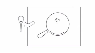 Bir doktor sunumda anahtar detayları vurgulamak için bir büyüteç kullanarak sağlık bilgilerini sunar. Tıbbi konsept.