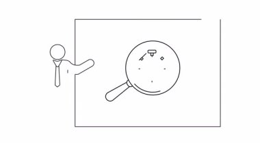 Zaman yönetimi, iş stratejisi ve verimlilik hakkında bir sunum, beyaz tahta üzerinde büyüteç altında saat sunan bir kişi.