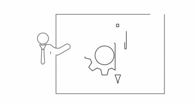 Bir sunucunun basit bir çizgi çizimi beyaz bir tahtanın yanında duran bir vites ve kalem çizimi. Teknik tasarım kavramları için ideal.