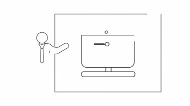 Bir sunucunun basit bir taslak çizimi adaletin ölçeklerini gösteren bir ekrana işaret ediyor, yasal veya iş sunumları için ideal.