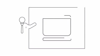 Basit bir çizgi çizimi sunucuyu ekranın yanında bir kafa siluetinin içinde beyin gösterirken gösteriyor. Eğitim veya iş içeriği için uygundur.