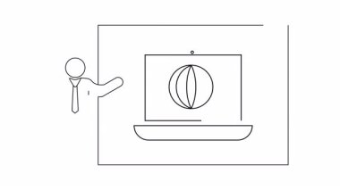Dizüstü bilgisayarında bir dünya olan bir iş sunumunun minimalist tek çizgi çizimi. Küresel iş, teknoloji ve iletişimi resmetmek için mükemmel.