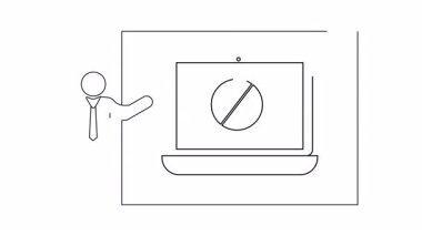 Dizüstü bilgisayarı ve içki yasağı levhası olan bir sunucunun basit bir çizgisi çizimi. Dizüstü bilgisayarlar için izin yok.