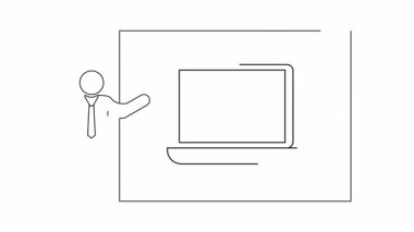 Eğitimi ve teknolojiyi sembolize eden, dizüstü bilgisayar ekranında bir dünyayı sunan bir öğretmenin sürekli çizimi.