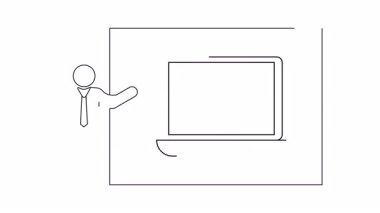 Kahve fincanını sembolize eden, dizüstü bilgisayarını gösteren bir sunucunun sürekli çizimi..