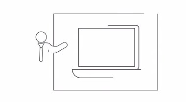 Dizüstü bilgisayar ekranında canlandırılmış, kariyer gelişimini tartışan bir sunucunun basit bir çizgi çizimi. İş veya eğitim içeriği için uygundur.