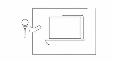 Bilgisayar ekranında görüntülenen mobil bir uygulamayı sunan bir kişinin basit bir taslak çizimi, teknoloji veya iş kavramları için idealdir.