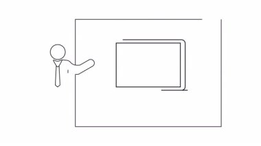 Oku gösteren bir dizüstü bilgisayarla sunum yapan birinin basit bir taslak animasyonu. Ticari veya teknolojik temalar için uygun.