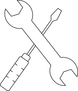 İngiliz anahtarı ve tornavidanın basit bir siyah beyaz çizimi, araçları sembolize eder, tamir, bakım ve inşaat.